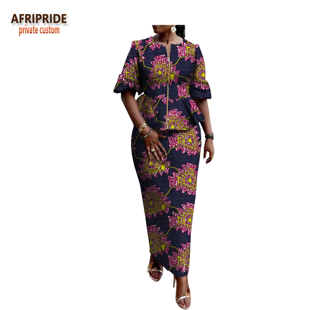 

2019 african print skirt set for women AFRIPRIDE customzied half sleeve zipper fly top+ankle length pencil skirt cotton A1826007