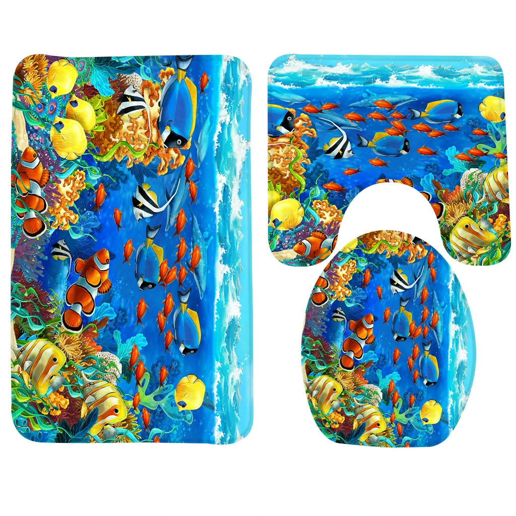 3pcs Bathroom Mat Set Dolphin Sea Seabed Fish Corals Underwater Ocean