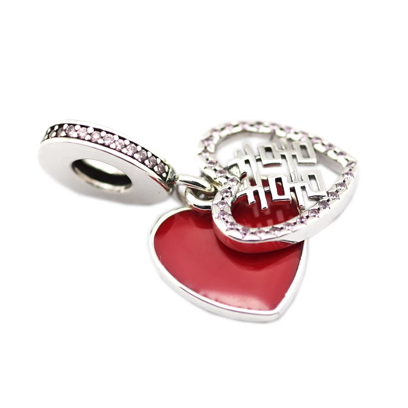 

DIY Fits for Pandora Beads Bracelets Double Happiness Heart Hanging Charms 100% 925 Sterling-Silver-Jewelry Free Shipping