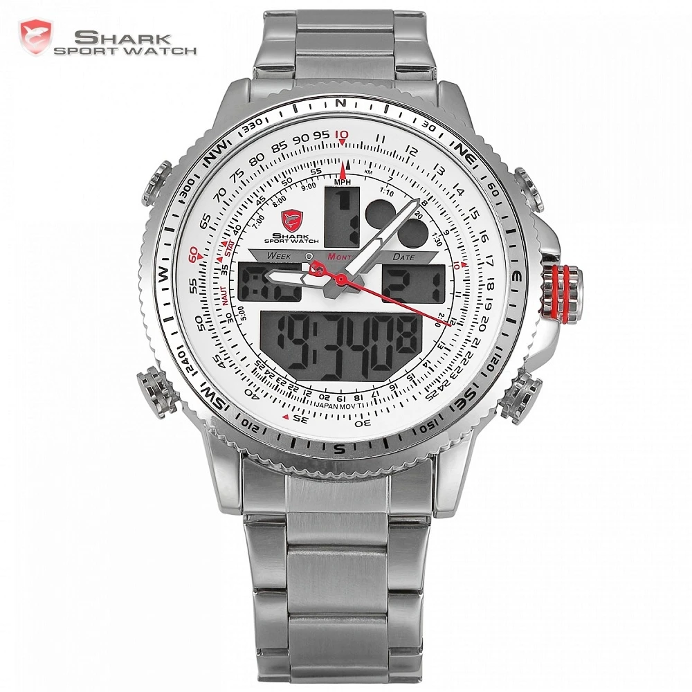 

Winghead SHARK Sport Watch Brand LCD Digital White Dual Time Date Day Alarm Stopwatch Silver Steel Band Men Quartz Watch /SH329N