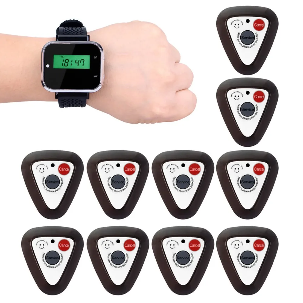 

Restaurant Pager Wireless Calling System 433.92MHz 1pcs Watch Receiver + 10pcs Call Button Restaurant Equipment F3296