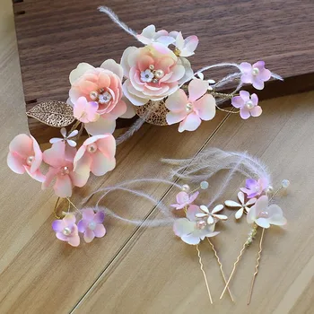 

Beautiful Pink Floral Tiara Hair Ornaments Women's Decoration Bridal Jewelry Gold Wedding Dress Accessories With Hair Pins