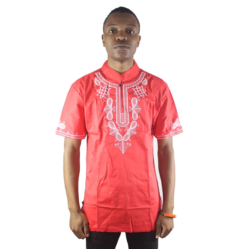

Africa Red Ethnic Element Embroidery Men`s Dashiki Tops Mandarin Collar Summer Folk Shirts