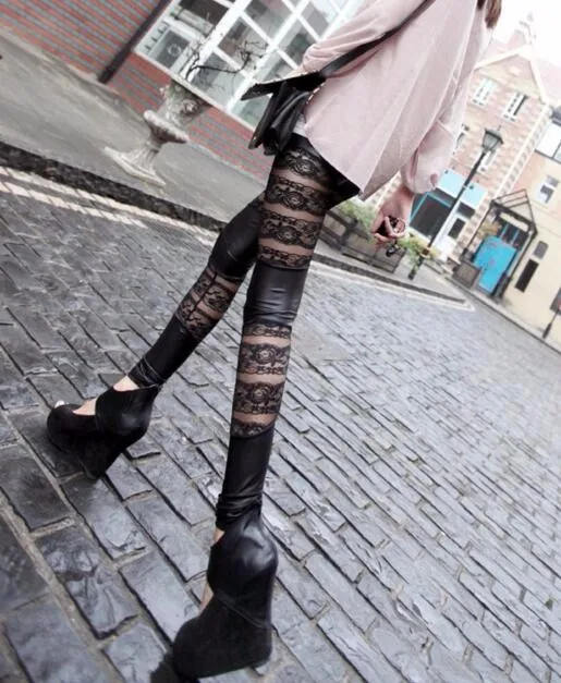 ribbed leggings Fashion Rock Gothic Black Lace Rose Floral Pattern Hollow Stitching Leggings Rock Punk Stylish Slim PU Leather Pants For Women aerie crossover leggings