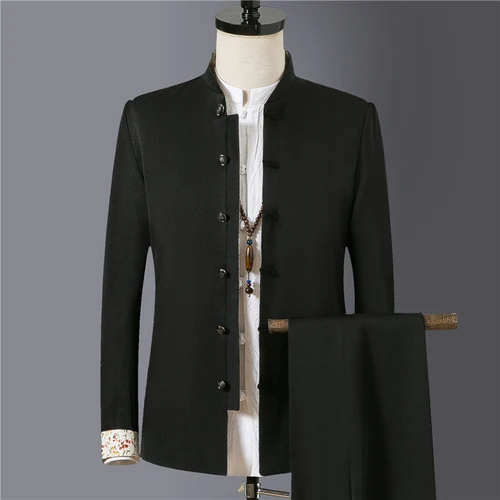Классические черные деловые костюмы для мужчин, модные повседневные мужские костюмы с воротником-стойкой, пиджак и штаны, китайский Винтажный стиль - Цвет: hei  se