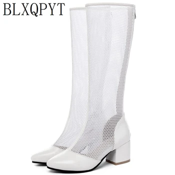 

BLXQPYT Size 32-45 Women Knee High Boots High heels Zipper Sexy Lace Mesh Boots Summer Cool Boots Breathable Shoes Woman C5-19