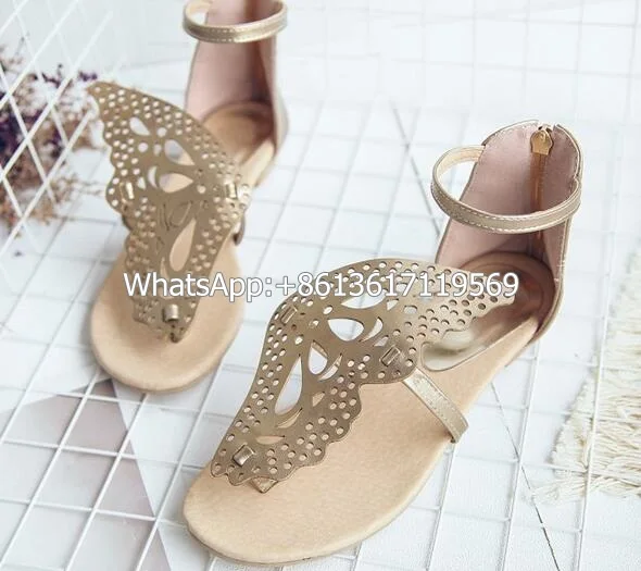 

Beautiful Women Bling Bling Angle Wing Flats Sandals Sweet Wings Ankle Strappy T-strap Sandals Casual Women Fretwork Slippers