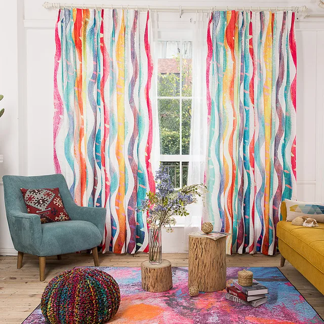 environmental linen colorful striped curtains for living room rain