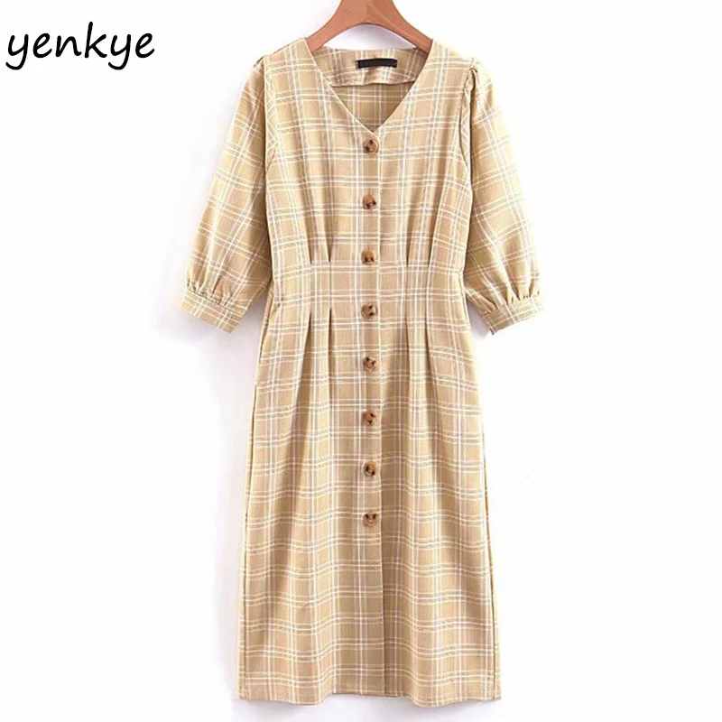 

Fashion 2019 Women Vintage Plaid Elegant Dress Lady V Neck Lantern Sleeve Slim A-line Midi Summer Dress LJPZ9002