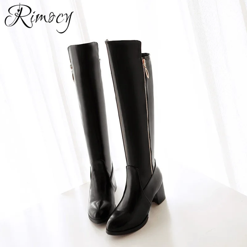 

Rimocy botas mujer 2018 knee high boots ladies fashion solid white boots PU waterproof shoes woman platform flat heels booties