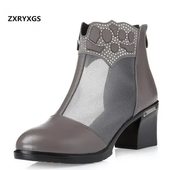 

New Hollow Mesh Cowhide Leather Shoes Sandal Sandals Women Shoes Cool Boots 2019 Summer Women Sandals High Heel Fashion Sandals