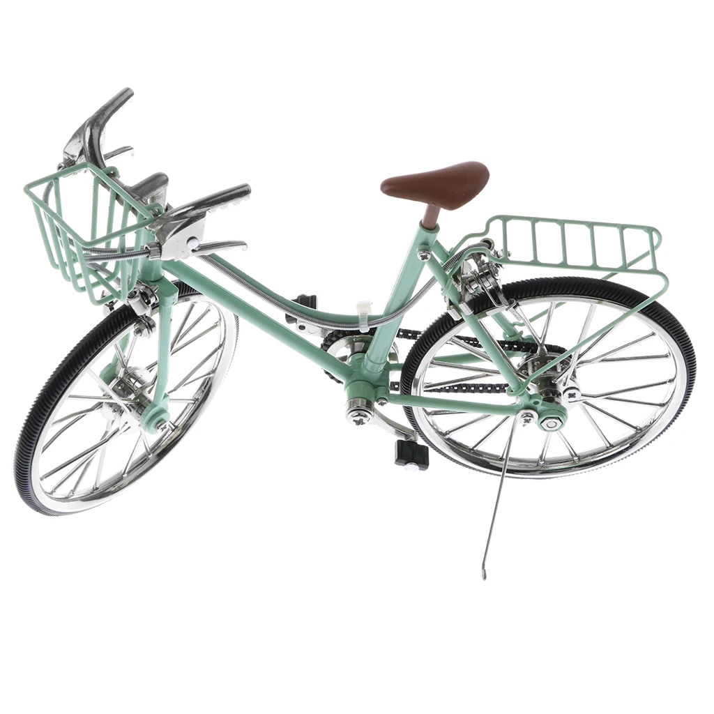 1/10 Mini Green Bike Alloy Diecast Models Bicycle with Basket & Seat Replica Toy