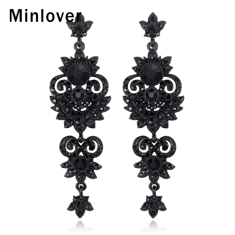 

Minlover Retro European Style Black Chandelier Rhinestone Luxury Flower Long Drop Earrings for Women 2019 Fashion Jewelry EH938