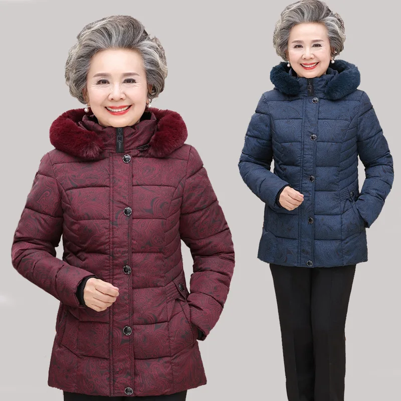 Женское зимнее пальто, хлопковое пальто для женщин среднего возраста, толстая хлопковая куртка 60-70-80, хлопковая стеганая куртка с капюшоном