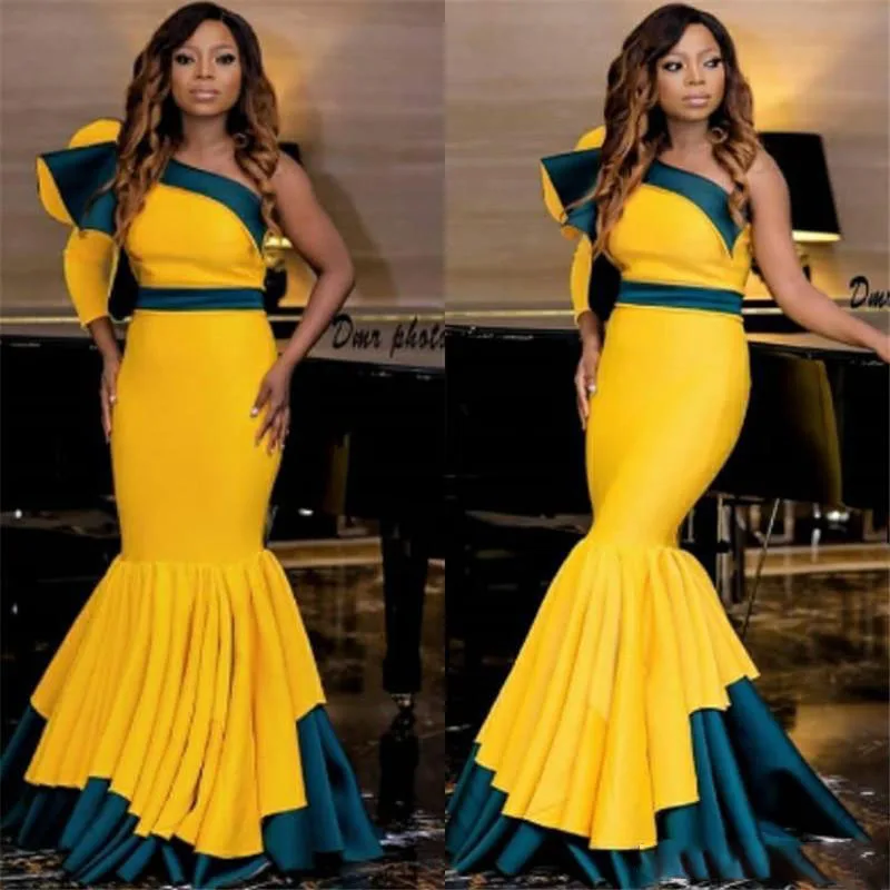 Afrikaanse Mermaid Prom Jurken Een Schouder Ruches Satijn Twee Kleuren Avondjurk Formele Vrouwen Dragen Plooirok Gala jurken Afrikaanse Mermaid Prom Jurken Een Schouder Ruches Satijn Twee Kleuren Avondjurk Formele Vrouwen Dragen Plooirok Gala jurken