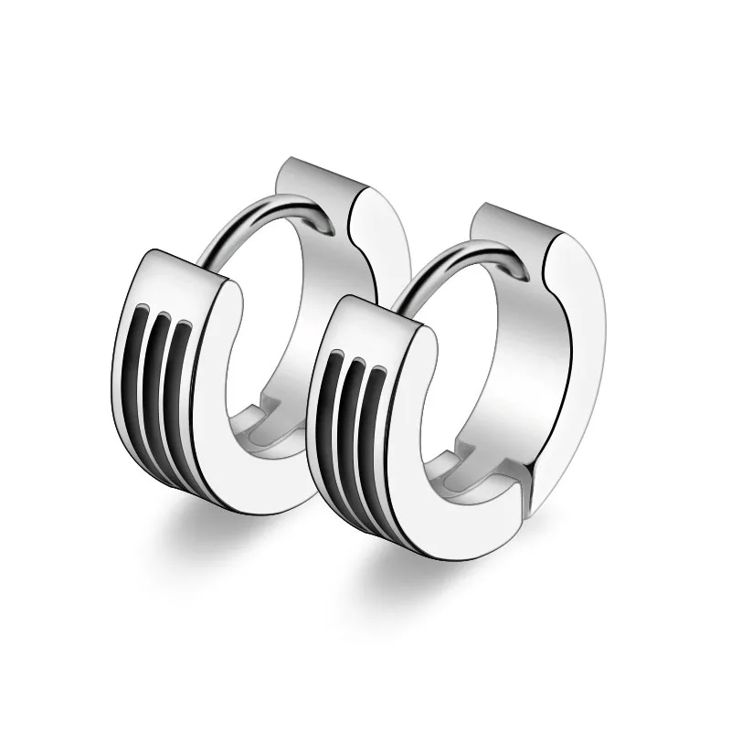 

Fashion Men's Creoles Hoop Earrings Small Round Ear Plugs Titanium Steel Silver Black Strips Brincos Pendientes Punk Jewelry