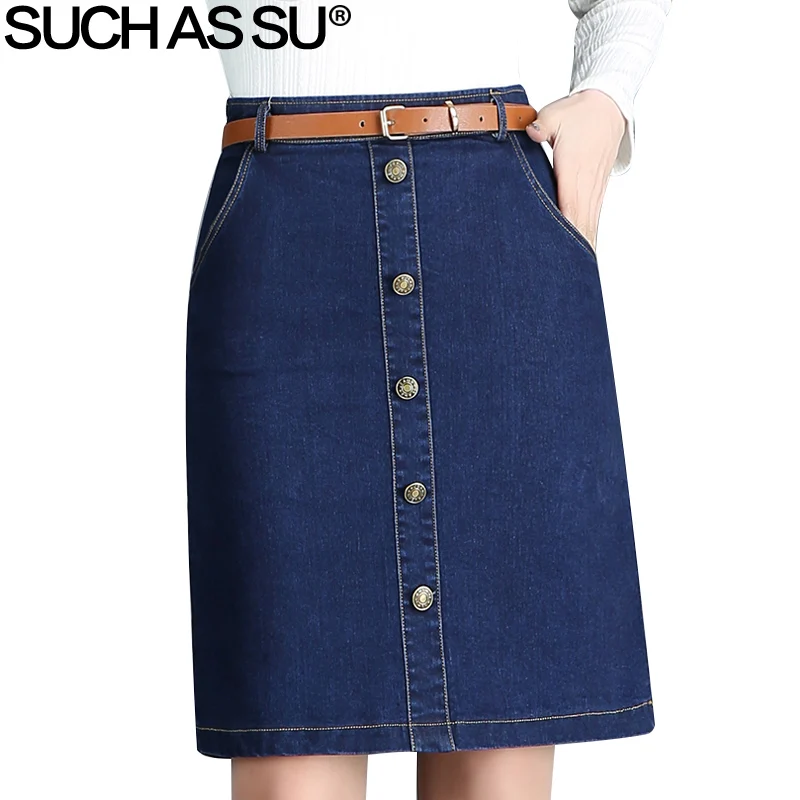 

SUCH AS SU New Spring Summer Fashion Women Vintage Blue Denim Skirts S-3XL Knee-Length Single-Breasted High Waist A Line Skirt