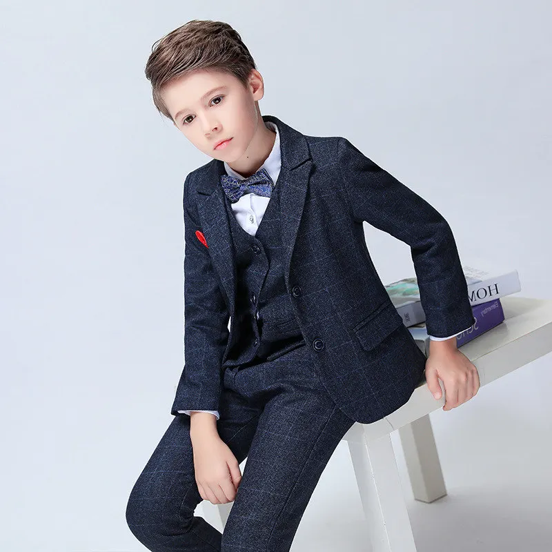 

6 PCS Baby Boy Wedding High-end Suit Outfit Fashion Kids boy's Graduation Suit New Formal Plaid Children Suit Sets Big Size
