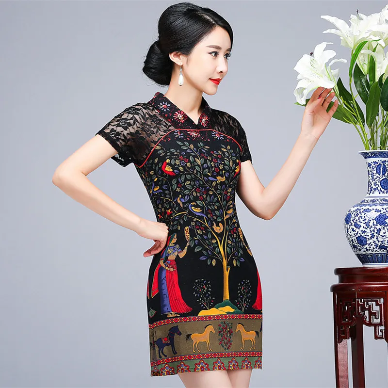 Летние женские с коротким рукавом Qipao китайские винтажные v-образным вырезом с принтом Чонсам с цветами сексуальное кружевное Деловое платье плюс размер 3XL 4XL 5XL