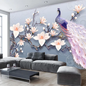 

Custom Photo 3D Wallpaper Emboss Magnolia Peacock European Style Mural Living Room Sofa Home Decoration Waterproof Wall Painting
