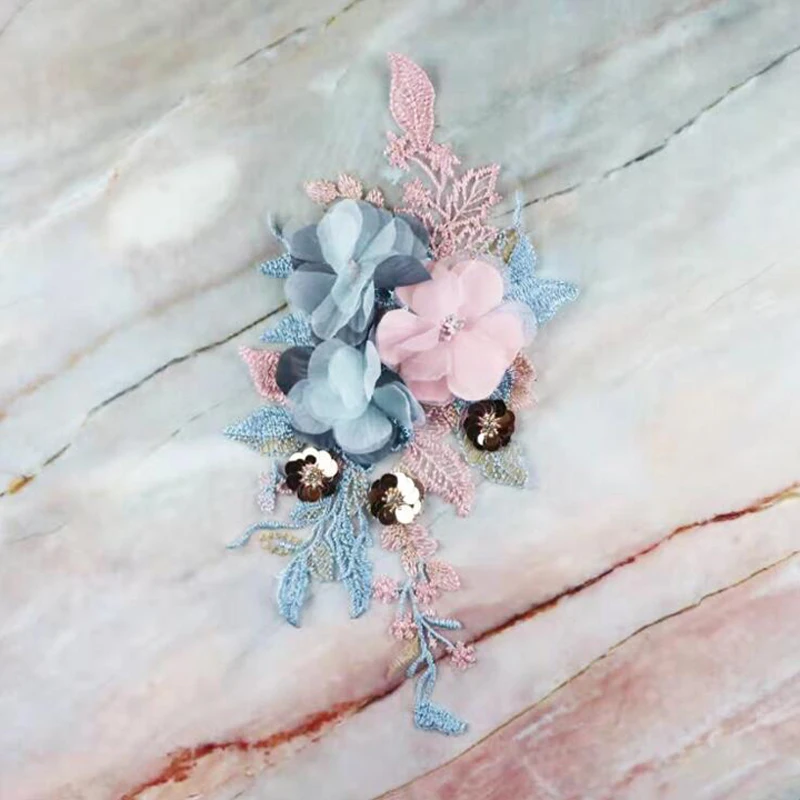 1 шт. красочные 3D вышитые нашивки цветы Свадебное кружево швейная ткань с аппликацией и бусинами из тюля DIY свадебное платье