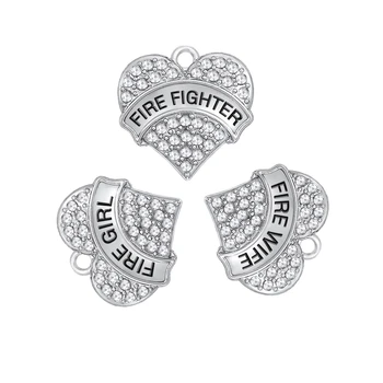 

my shape 3pcs Zinc Alloy Rhodium Plated Fire Fighter wife girl Clear Crystal Heart Pendant Accessary Charm 24.5*24mm