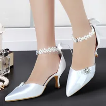 Elegant A0509 Whtie Pointed Toe Pearls Ankle Strap Rhinestone 2.5″ Spool Heel Satin Pumps Women Wedding Bridal Shoes