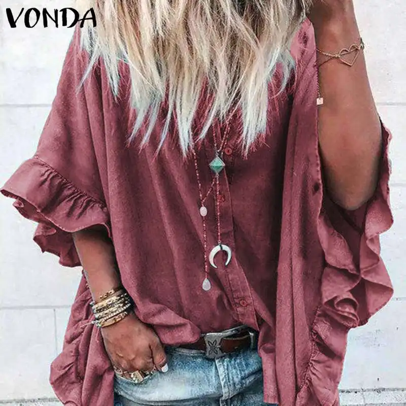  VONDA Blouses Women Casual Lapel Neck Buttons Half Sleeve Ruffle Blusas Office Ladies Shirts Tunic 