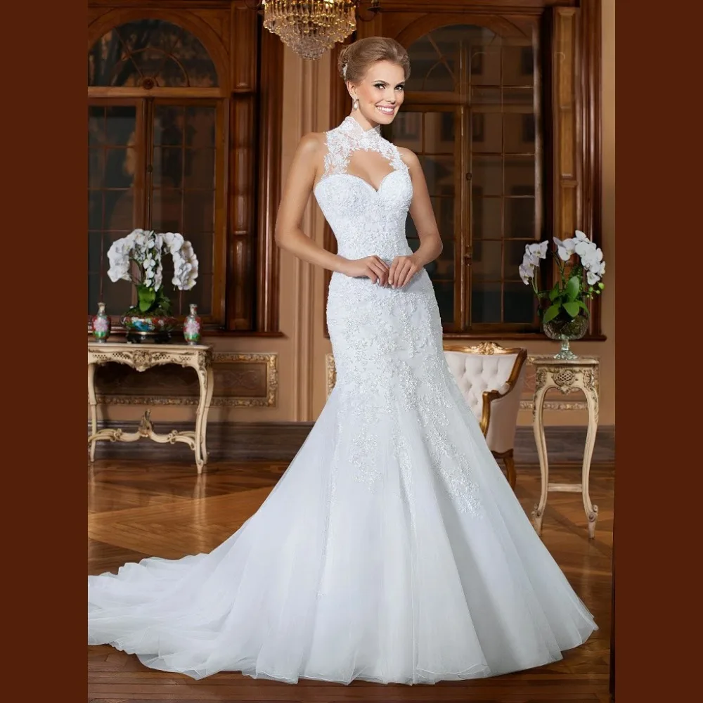 Elegant Wedding Dresses 2016 High Neck Mermaid Beaded Lace