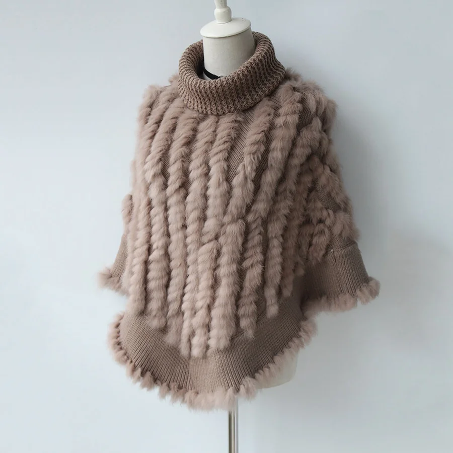 Femme натуральное Вязаное пончо из кроличьего меха с высоким воротником, женский модный пуловер, женские вязаные накидки из натурального меха, треугольная шаль пальто