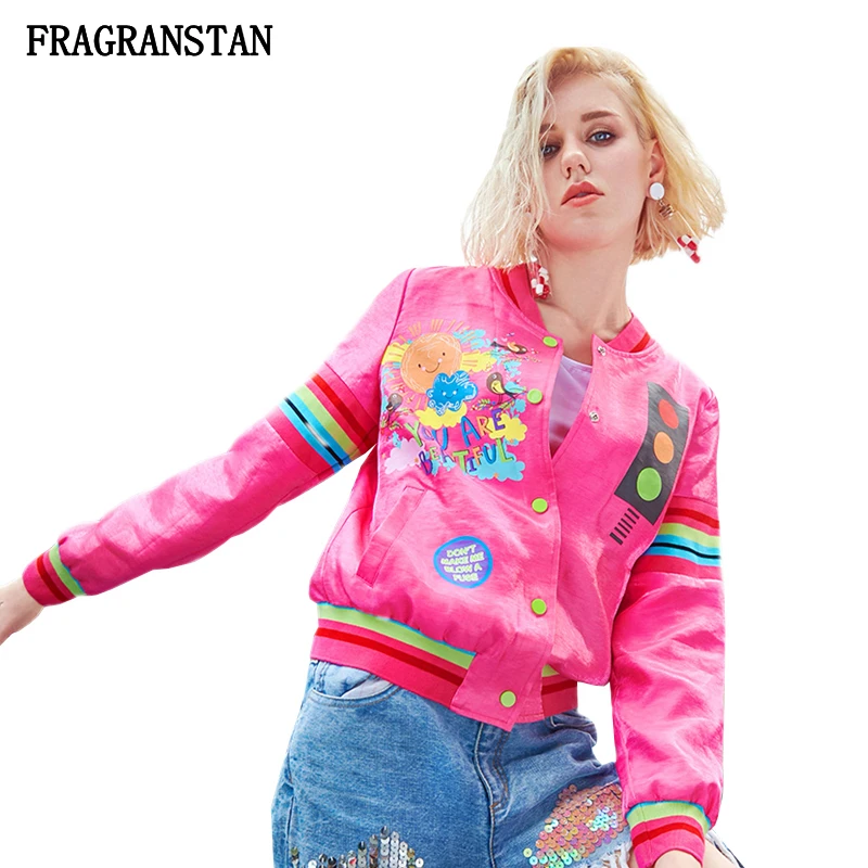 

Women 2018 Spring Stand Collar Jacket Fashion Letter Girl Print Female Coat High Quality Casual Loose Long Sleeve Outerwear Q773