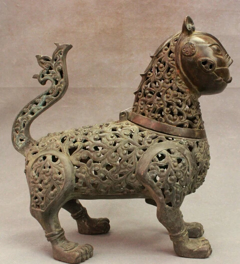 

wholesale factory 11" Folk China Bronze Cat Head Statue Hollowed Out Flower Incense Burner Censer