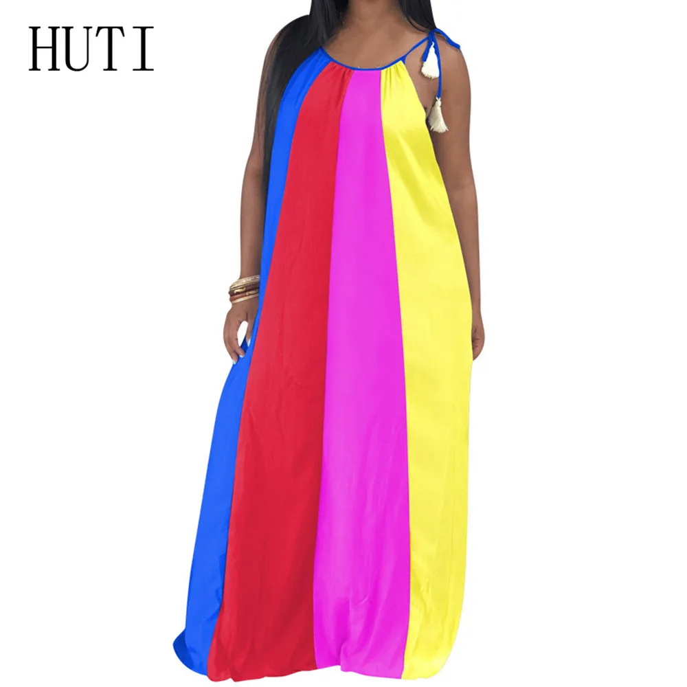 

HUTI Sexy Hollow Out Sleeveless Loose Maxi Dress Women Elegant Patchwork Casual Strip Dress Summer Roupa Feminina Plus Size 3XL