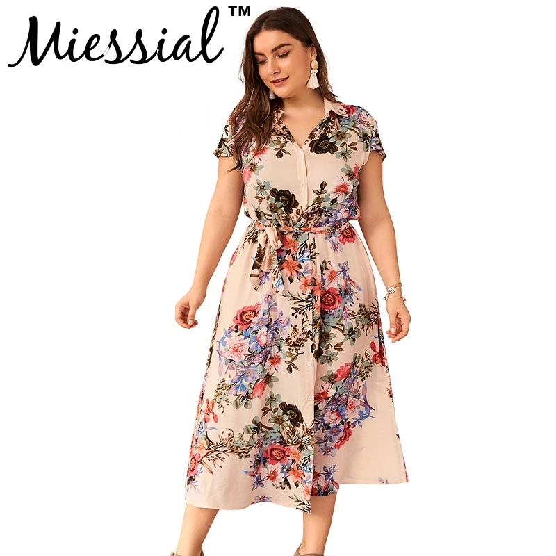 Miessial Elegant floral short ruffle sleeve dresses Women green PLUS SIZE party dress for Female winter club beach midi dress XL - Цвет: apricot