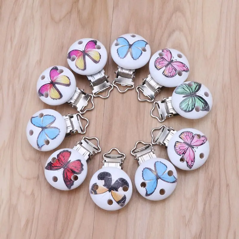 

5PCs Baby Pacifier Clips Butterfly Printed Wood Metal Holders Clasps 4.4cm x 3cm