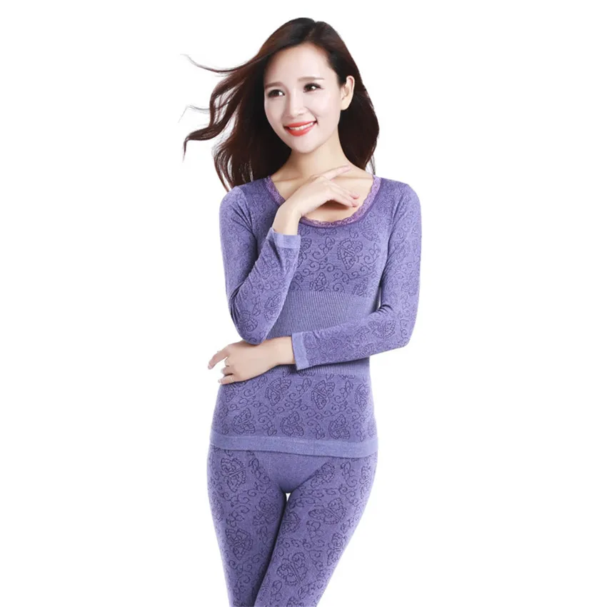 Women autumn winter long johns print seamless breathable underwears female elastic lace warm thermal underwear shaped sets A682