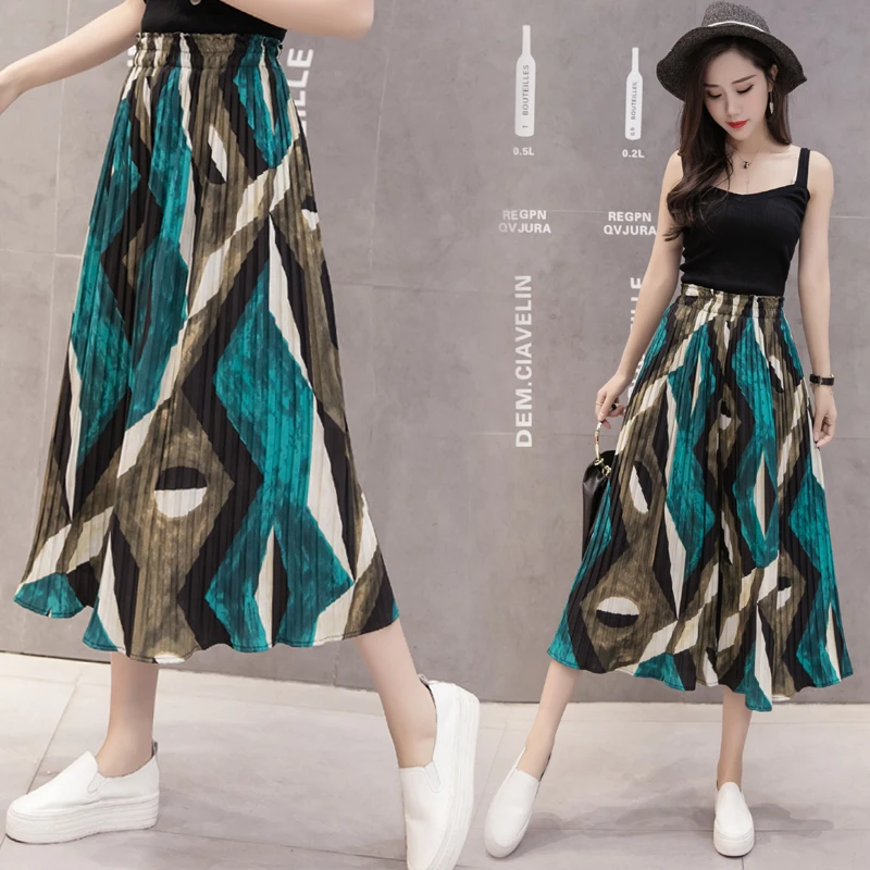 

Pleated Chiffon Wide Leg Pants 2018 New Spring Summer Loose Pants Women Print Calf-Length Pants High Waist Casual Pants 26 Color