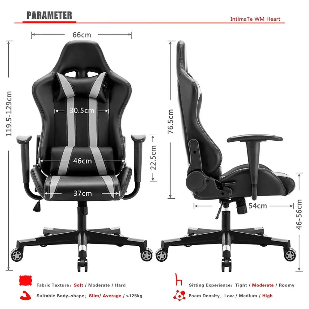 IntimaTe WM Racing Chair Computer Armchair PU Gaming Chair with Headrest & Lumbar Cushion 135 Degree Reclining Angle A35