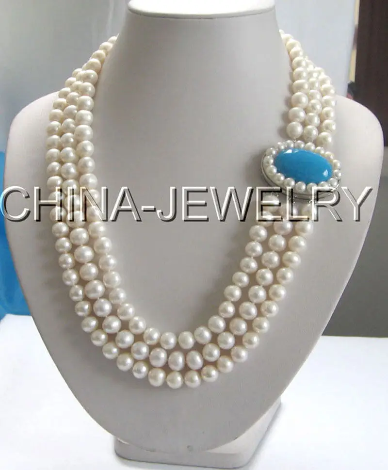 

P1240 - 22-24" 3row 10mm natural white round freshwater pearl necklace - pearl