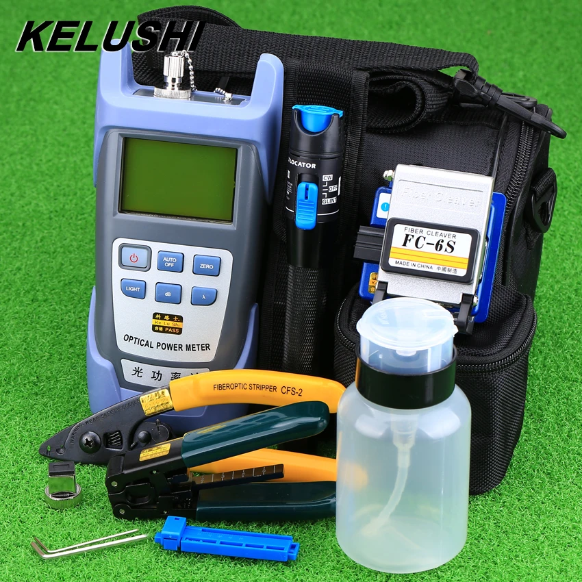 KELUSHI 9pcs/Set FTTH Tool Kit with FC-6S Fiber Cleaver and Optical Power Meter 5mW Visual Fault Locator Optic Stripper