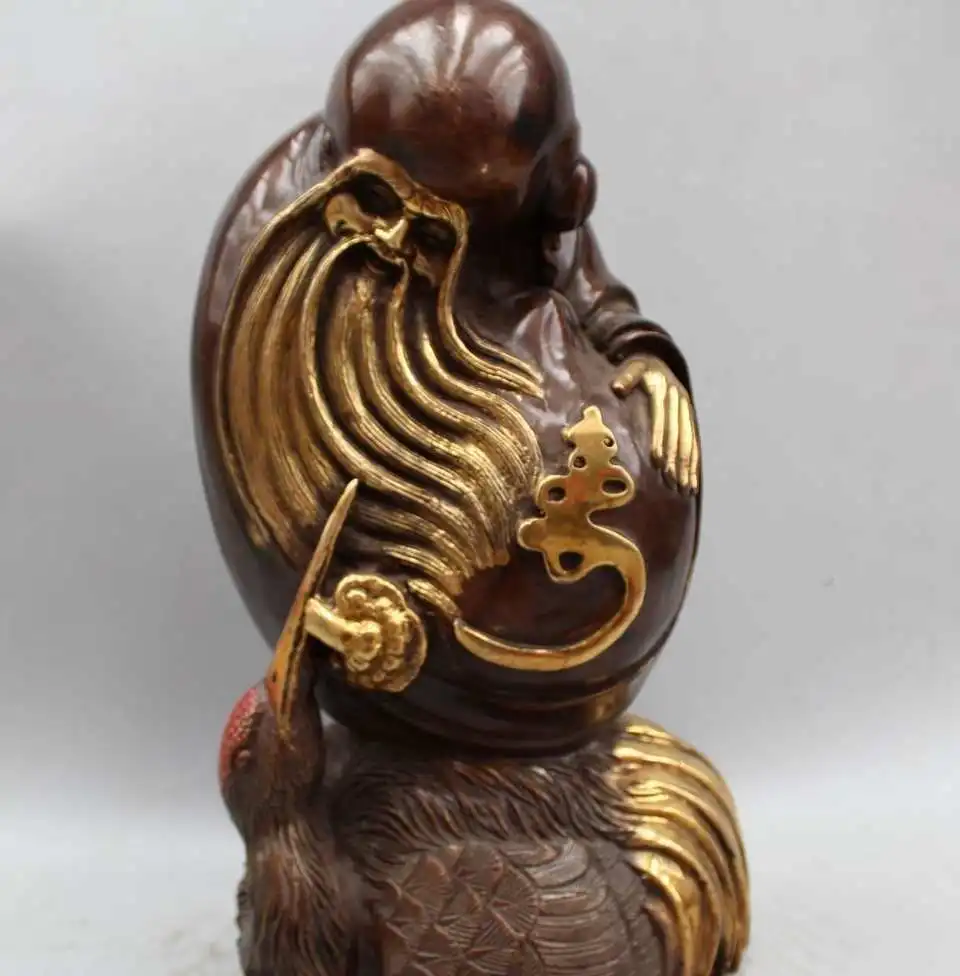 

15" China Chinese Fengshui Bronze Gild Longevity immortal Peach crane Statue