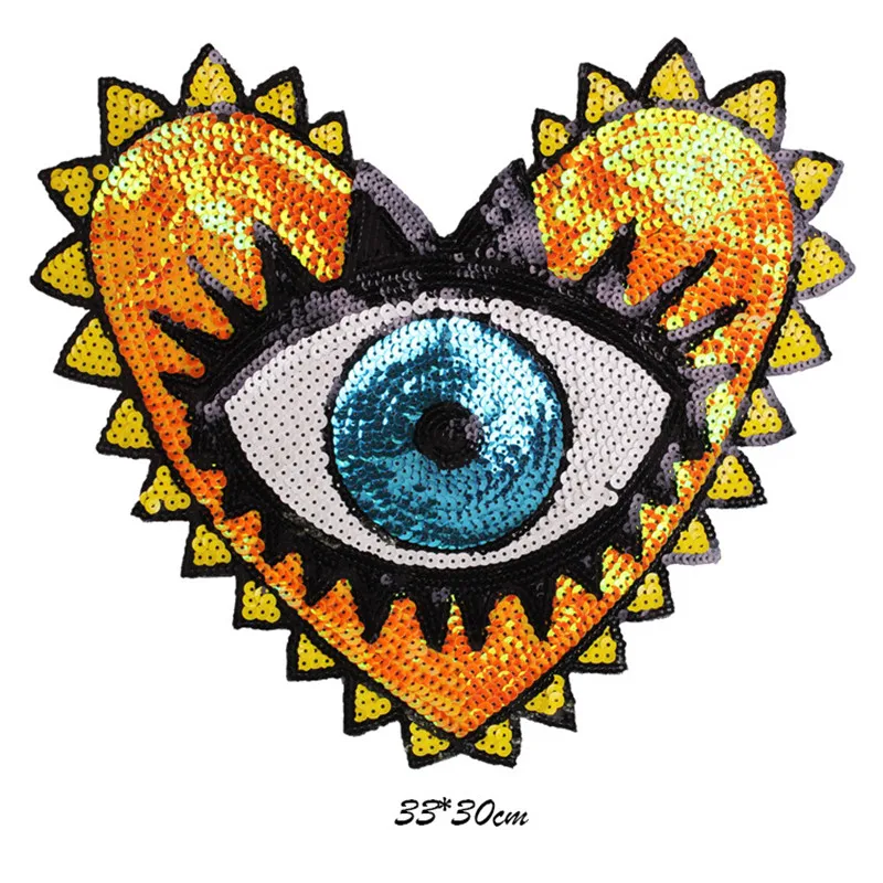Color 1 1 Pcs Love Large Sequin Heart Evil Eyes Patches No Glue Cartoon Motif Applique Embroidery Garment Patch Sewing on for Clothes Kids T Shirt Jeans DIY Crafts 
