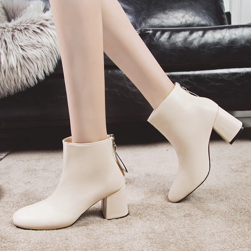 

Chowaring Fashion Elegant Sexy Women Shoes Thick High Heel Knight Ankle Boots Autumn Ladies Boots Beige White Suede Leather