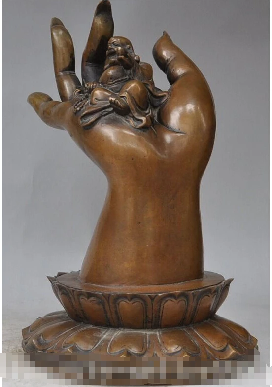 

$old craft$ 13" tibet buddhism bronze lotus Kwan-Yin hand happy Laugh Maitreya Buddha statue (A0314)