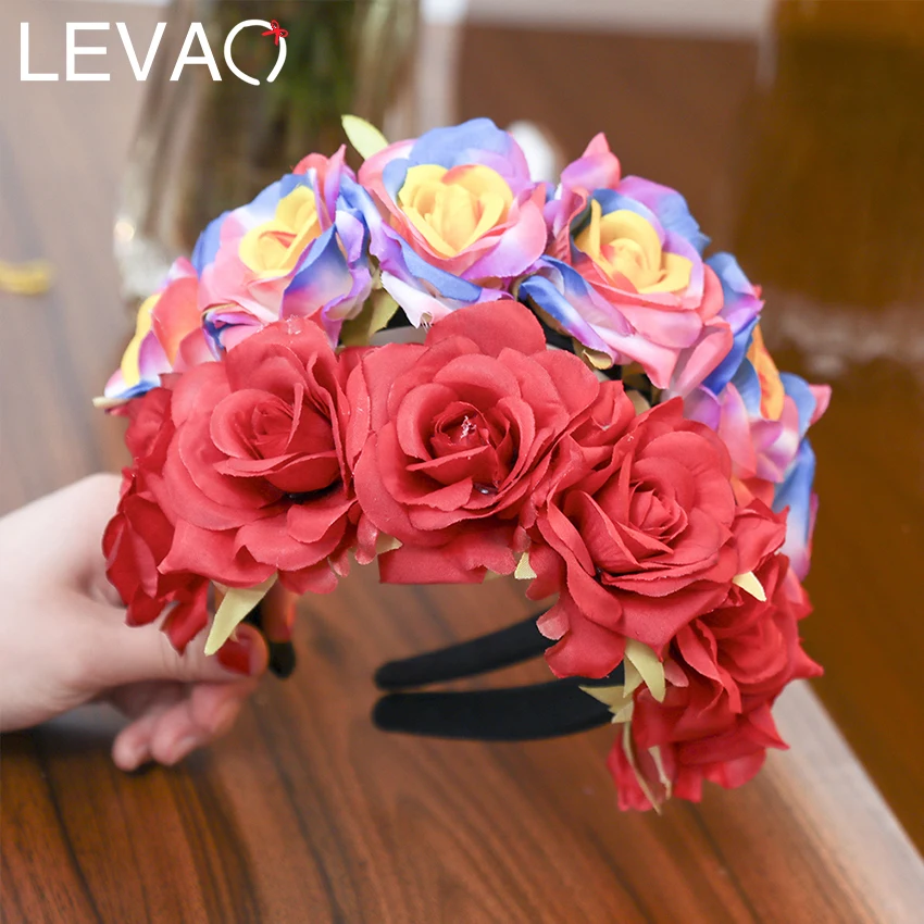 

LEVAO Wedding Flower Crown Head Band Women Weddings Floral Head Wreath Bridesmaid Bridal Headpiece Female Rose Flowers Headband