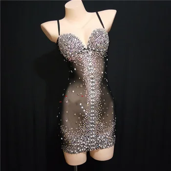 

Sparkly Rhinestone mesh Dress Women Evening Party Luxurious Black Dress Birthday Celebrate Female Singer Rhinestones Dress DJ416