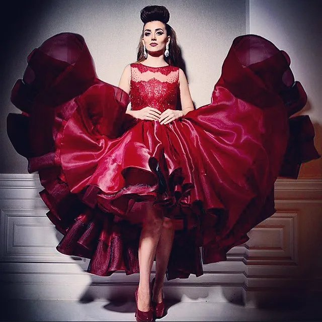 

Sexy Burgundy Ball Gown Prom Dresses 2015 Arabic Star Myriam Fares High Low Prom Dress Crew Neck Few Layer Skirt Party Gowns