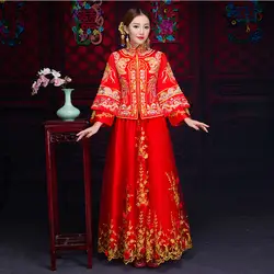 Шелковая вышивка Для женщин Cheongsam костюм Китайский древний Феникс невесты свадебное Qipao Королевский Элегантный торжественное платье тост