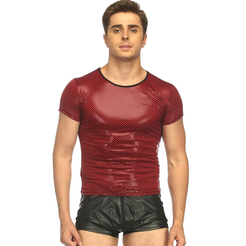 2 Colors O Neck Sexy Faux Leather Short Sleeve Tops Men