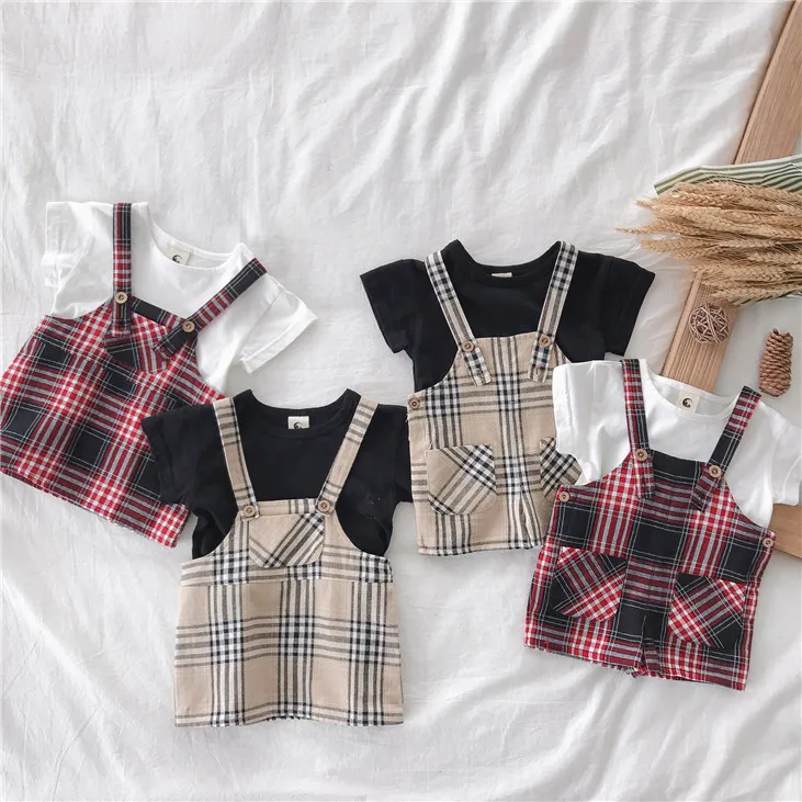 

2019 Hot Selling Girls 2 pcs Set T-shirt+Plaid Dress Summer Fashion Kids Girls Suits 1-6 Years